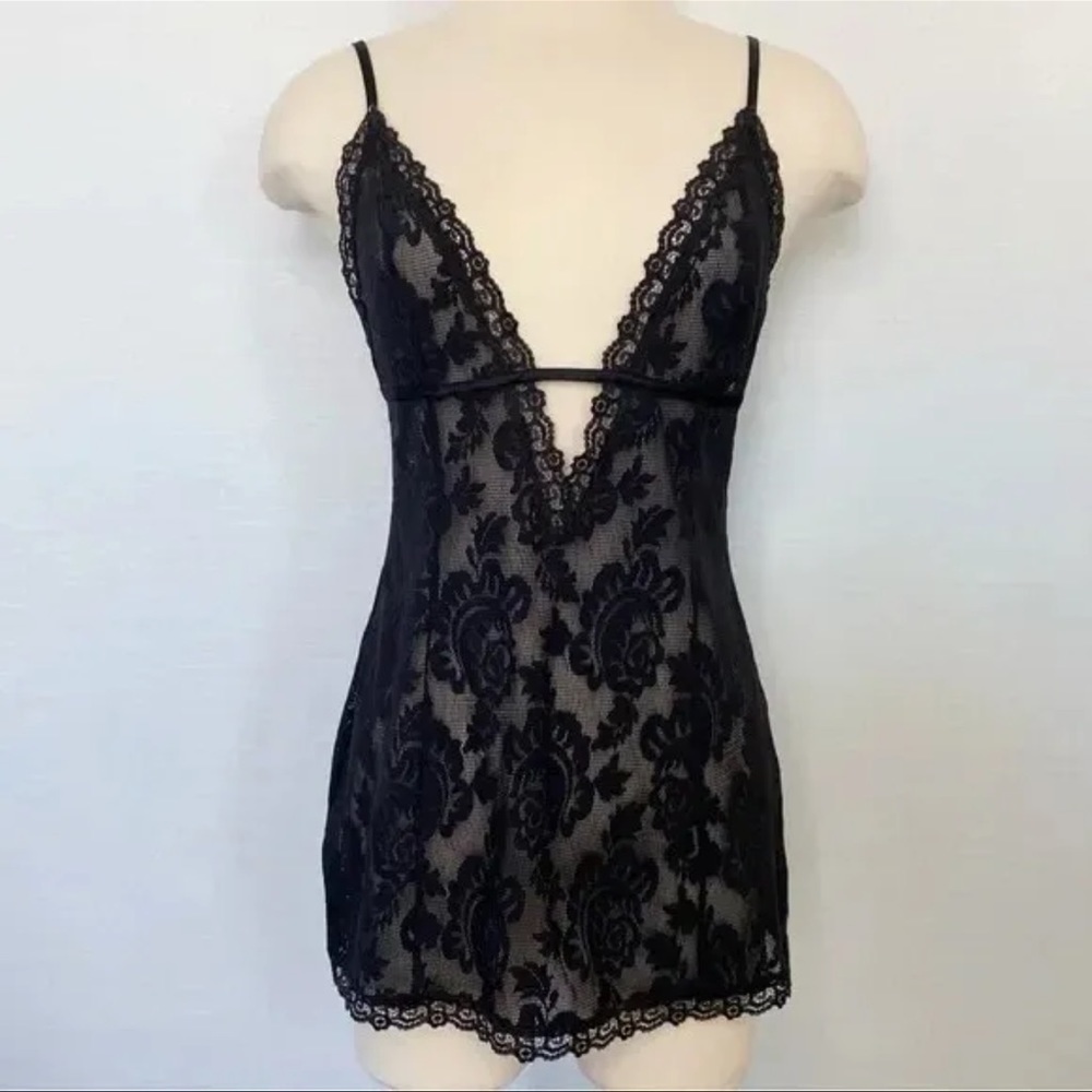Victoria’s Secret Y2K Stretch Lace Mesh Black Babydoll Chemise Slip Dress‎